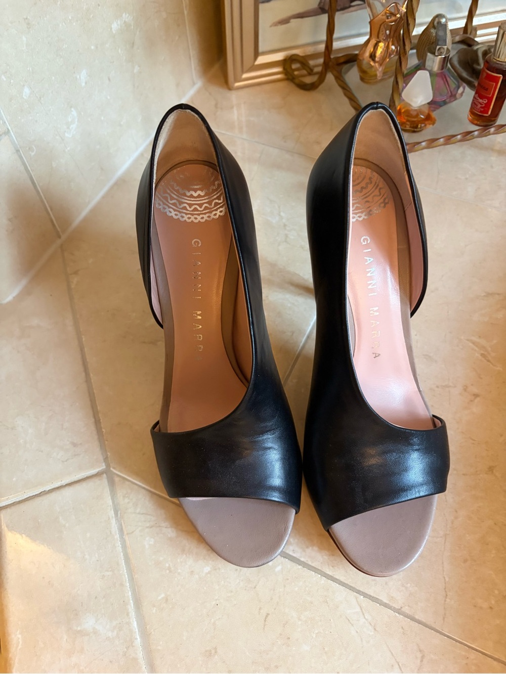 Black Open-Toe Leather Heels